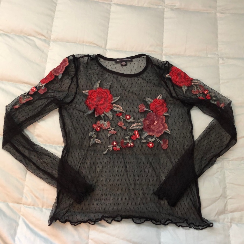 Mesh long sleeve with flower embroidering - AEO